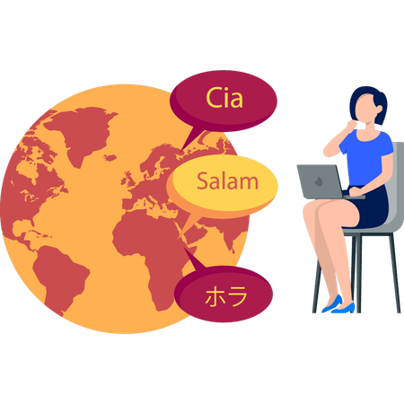 Girl learns languages from laptop  イラスト