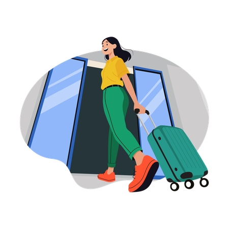 Girl Leaving Hotel with Luggage  Illustration