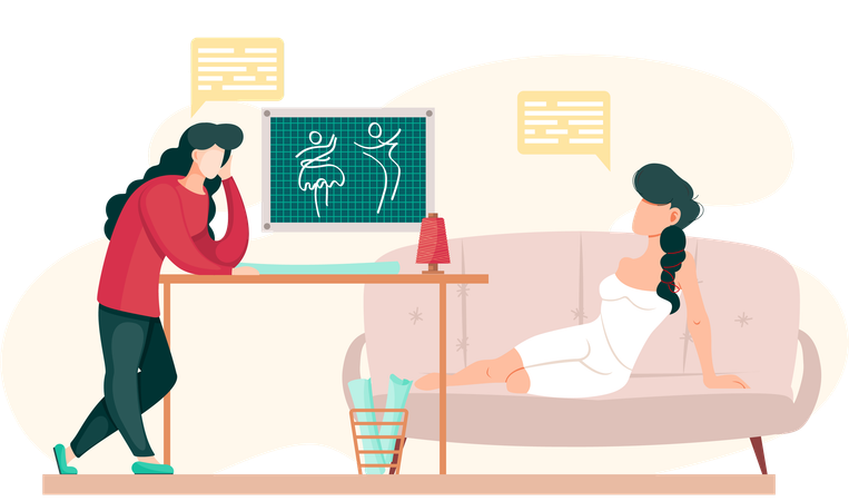 Girl lies on comfortable sofa and looks at board in tailoring studio  Illustration