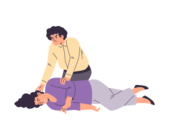 Girl lies unconscious man helps her by turning her on her side  Illustration