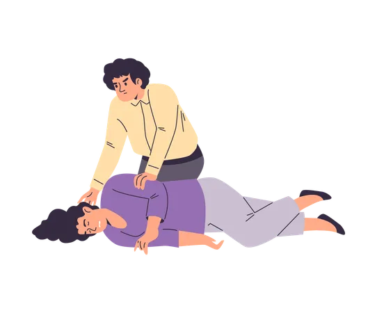 Girl lies unconscious man helps her by turning her on her side  Illustration