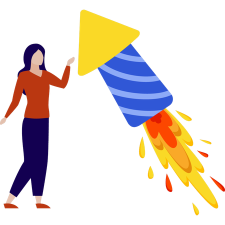 Girl lighting rocket firecracker  Illustration