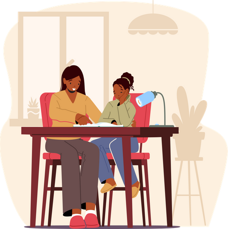 Girl Listen Mother Help Daughter with Homework  Illustration