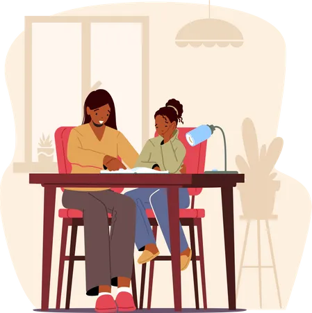 Girl Listen Mother Help Daughter with Homework  Illustration