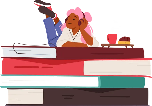 Girl In Headphones Lying On Huge Pile Of Books Listen Online Courses Or Stories Woman Student Character Use App For E Book Listening Online Library Education Cartoon People Vector Illustration Illustration