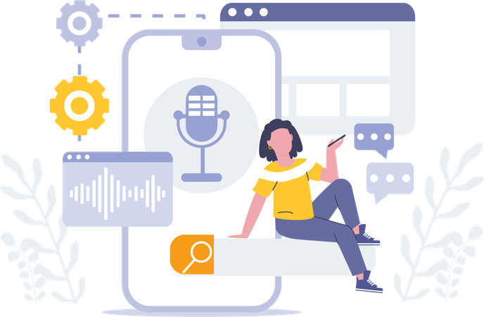 Girl listening marketing podcast using mobile  Illustration