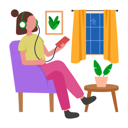 Girl listening music at home  Illustration