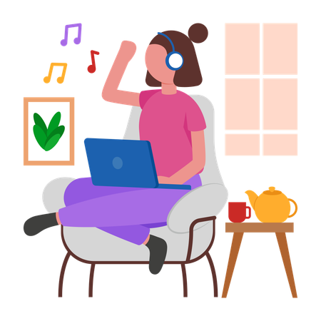 Girl Listening Music at home  Illustration