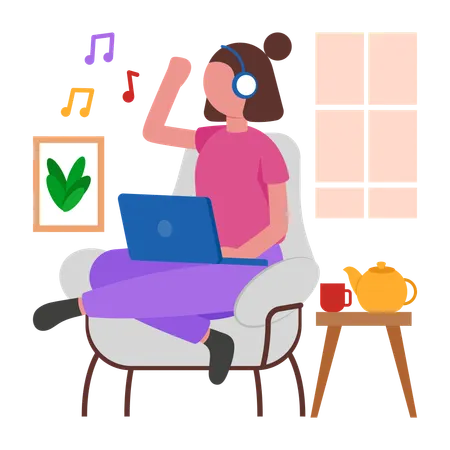Girl Listening Music at home  Illustration