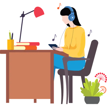 Girl listening music for Relaxing Work  Illustration