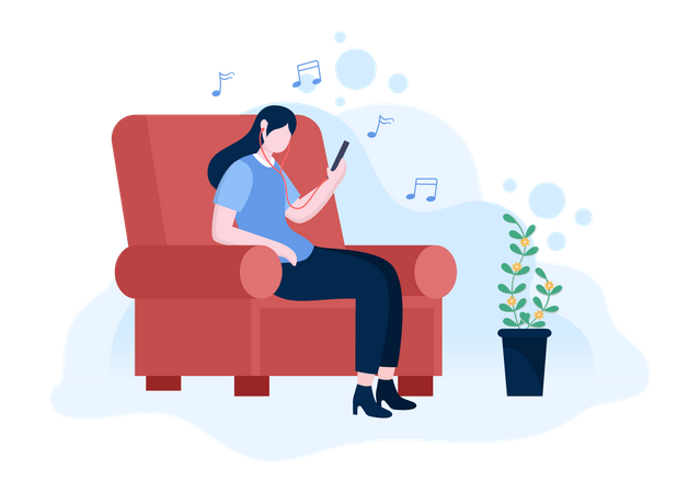 Girl listening music on mobile  일러스트레이션