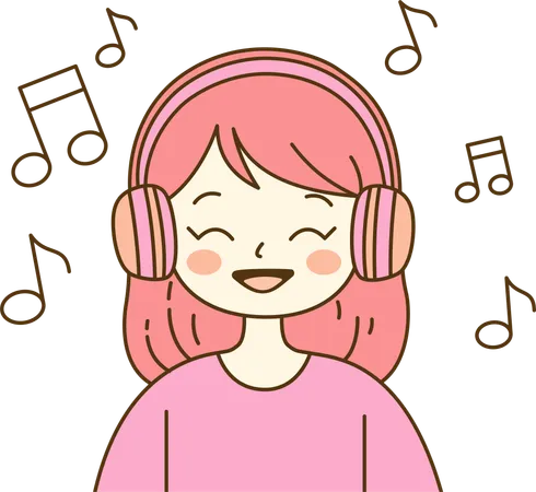 ヘッドフォンを使って音楽を聴く女の子  イラスト