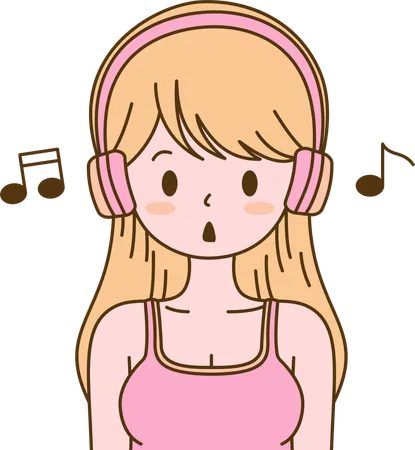 Girl Listening Music Using Headphone While Singing  Illustration