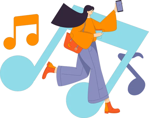 Girl listening music while going at work  Illustration