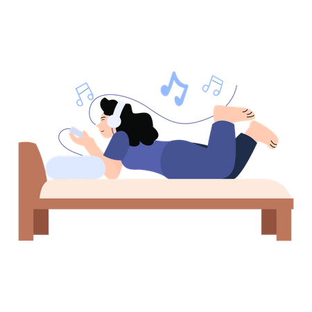 Girl listening music while lying in bed Illustration