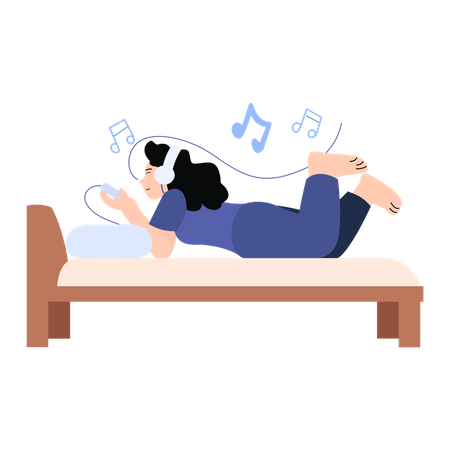 Girl listening music while lying in bed  Illustration