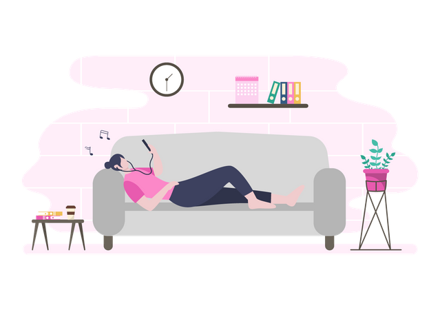 Girl listening music while lying on sofa  일러스트레이션