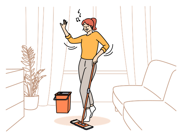 Girl listening music while mopping floor  Illustration