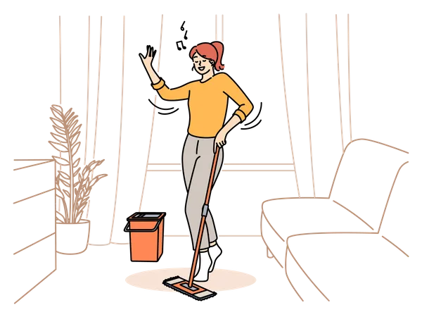 Girl listening music while mopping floor  Illustration