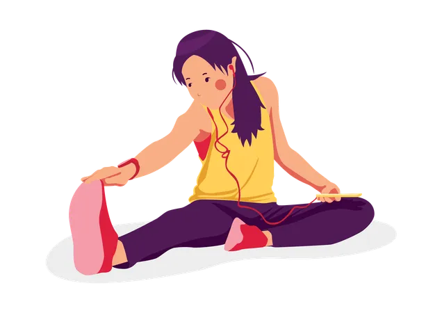 Girl Listening Music while stretching  イラスト