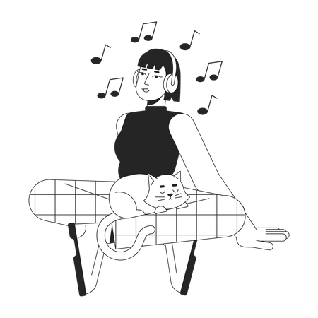 Girl Listening music with cat  イラスト