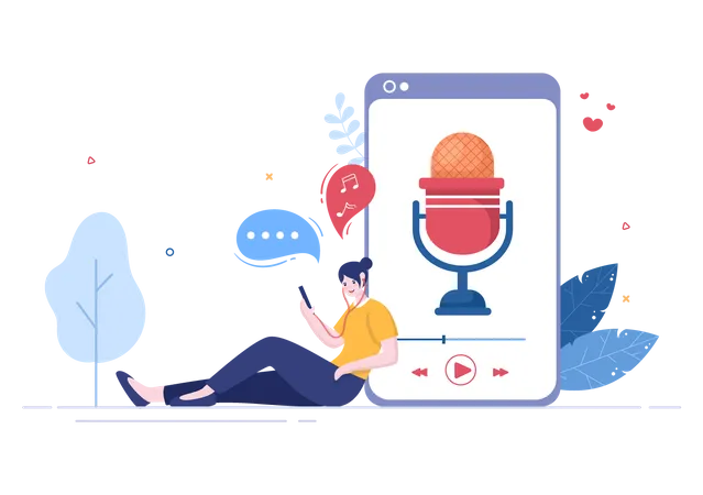 Podcast Background Vector Illustration People Using Headset To Record Audio Host Interviewing Guest Or Online Show With Sound Recording Equipment And Microphone Concept Illustration