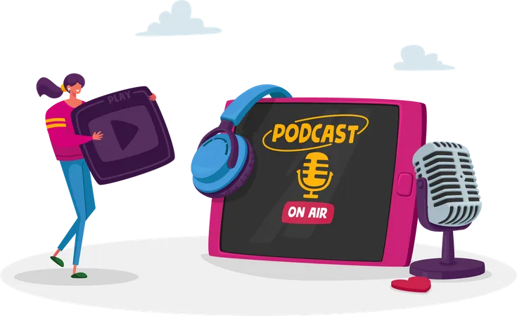 Tiny Female Character With Play Button In Hands At Huge Tablet Headset And Microphone Listen Podcast Audioprogram Livestream Entertainment Online Broadcasting Studio Cartoon Vector Illustration Illustration