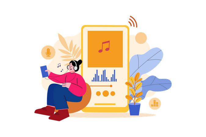 Girl listening podcast while relaxing Illustration