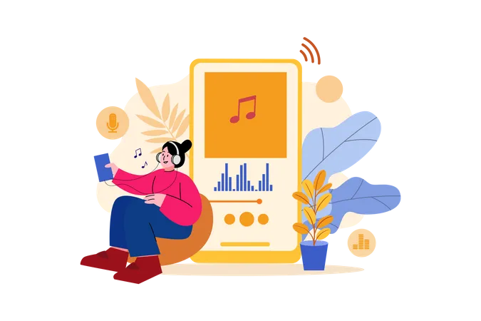Girl listening podcast while relaxing  Illustration