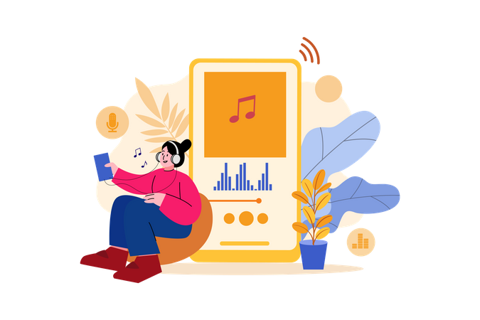 Girl listening podcast while relaxing  Illustration