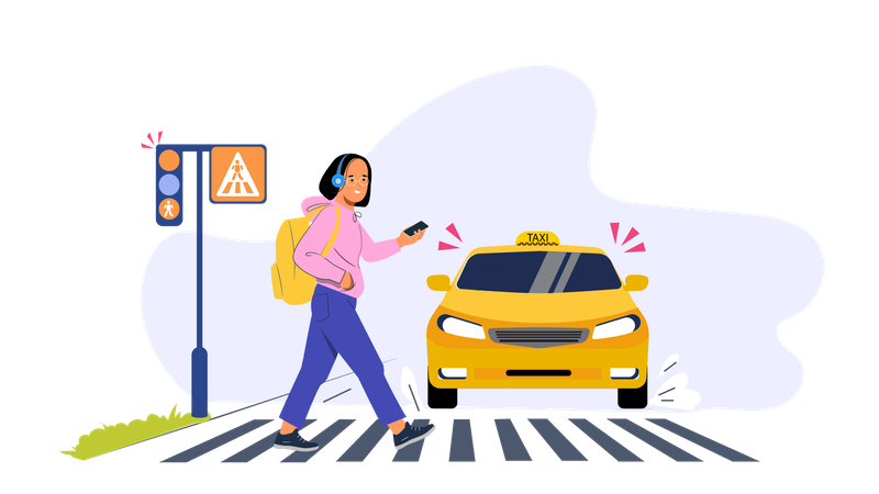 Girl listening song while crossing road at  Illustration