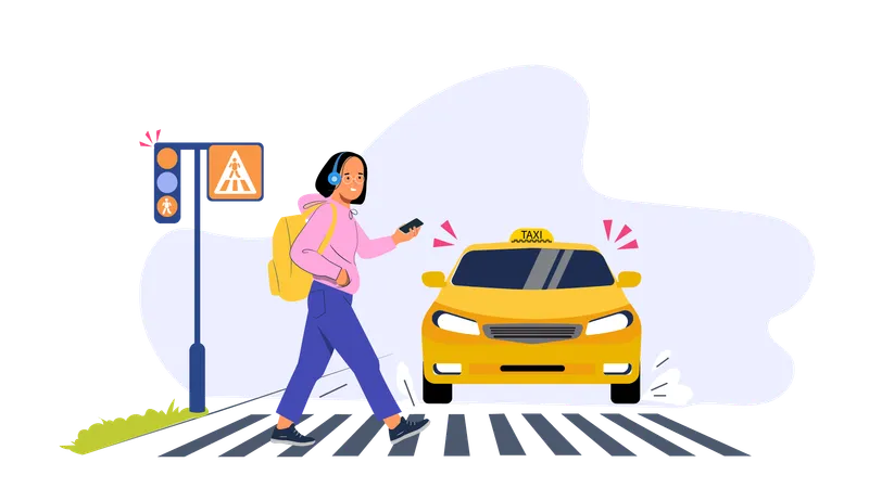 Girl listening song while crossing road at  Illustration