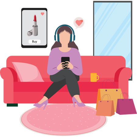 Girl listening song while doing online shopping using mobile  Illustration