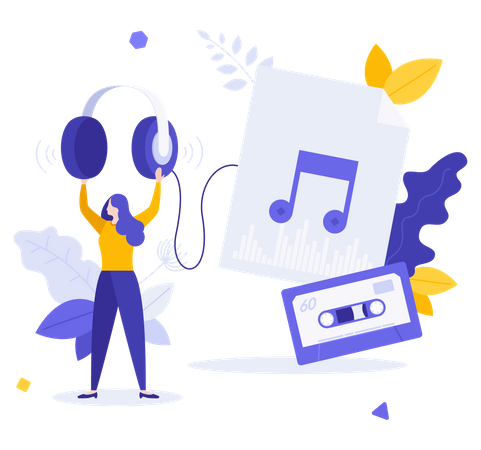 Girl listening to music by using headset  Illustration