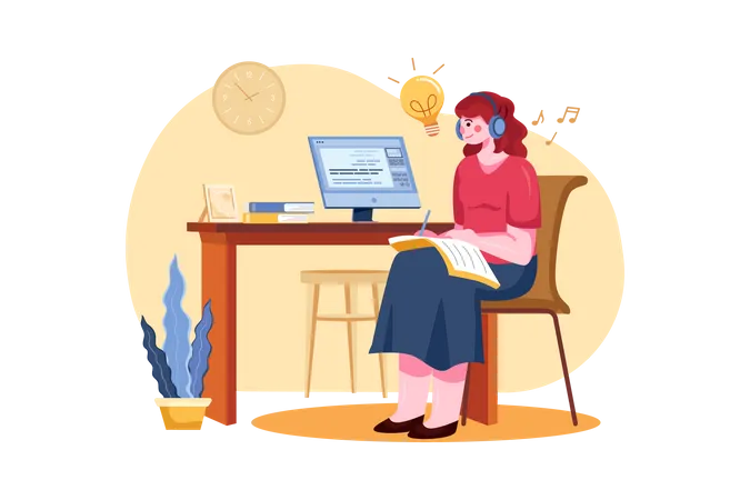 Girl listening to music while studying  Illustration