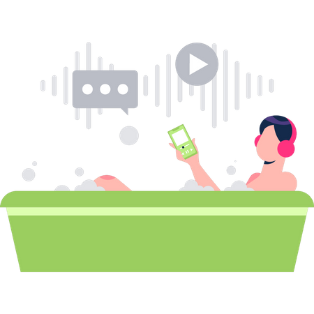 Girl listening to podcast in bathtub  Illustration