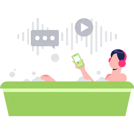 Girl Listening To Podcast In Bathtub Illustration