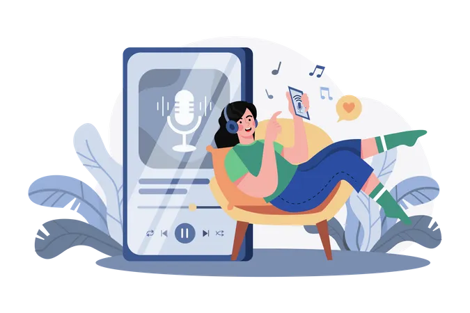 Girl Listening To Podcast Music  Illustration