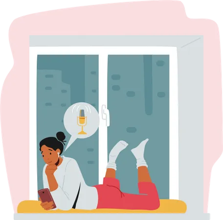 Girl listening to podcast while lying on floor Illustration
