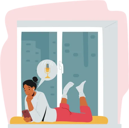 Girl listening to podcast while lying on floor  Illustration