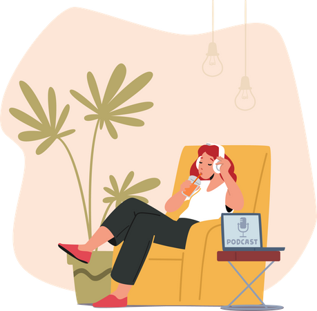 Girl listening to podcast while sitting on armchair Illustration