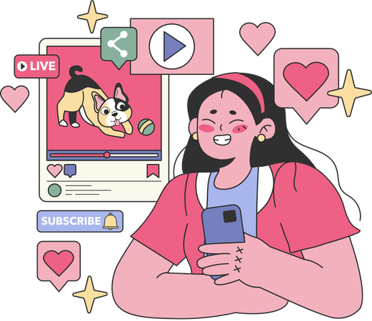 Girl live on social media site while showing dog video  Illustration