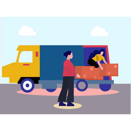 Girl Loading Cartons Into Truck  Illustration