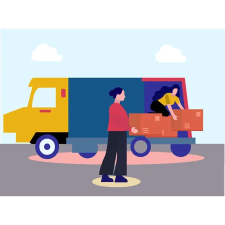 The Girl Is Loading Cartons Into The Truck Illustration