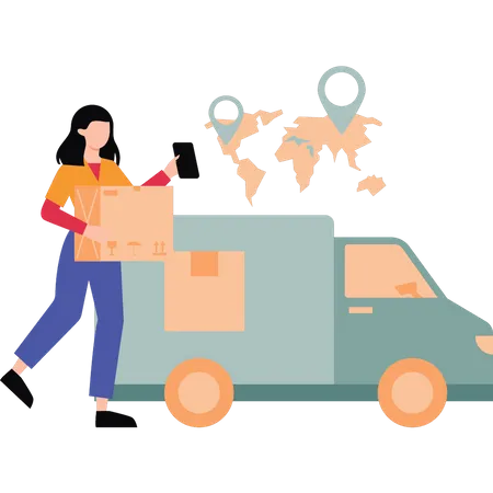 A Girl Is Loading A Parcel Into A Delivery Truck Illustration