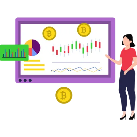 Girl looking at bitcoin analytics  Illustration