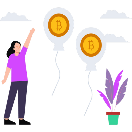 Girl looking at bitcoin balloons  Illustration