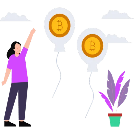 Girl looking at bitcoin balloons  Illustration