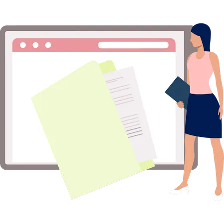 Girl looking at book on web page  Illustration