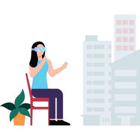 Girl looking at buildings through VR glasses  イラスト